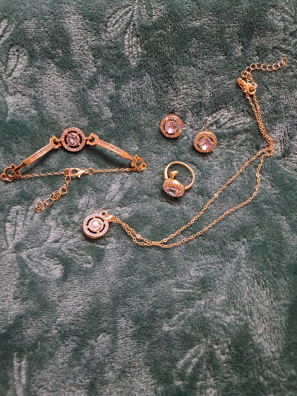 Gold-Tone Crystal Jewelry Set - Necklace, Bracelet, Ring & Stud Earrings